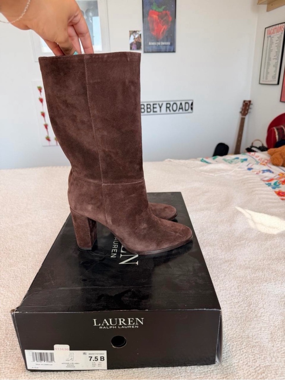 Lauren Ralph Lauren Chocolate Brown Suede Mid-Calf Block Heel Boots